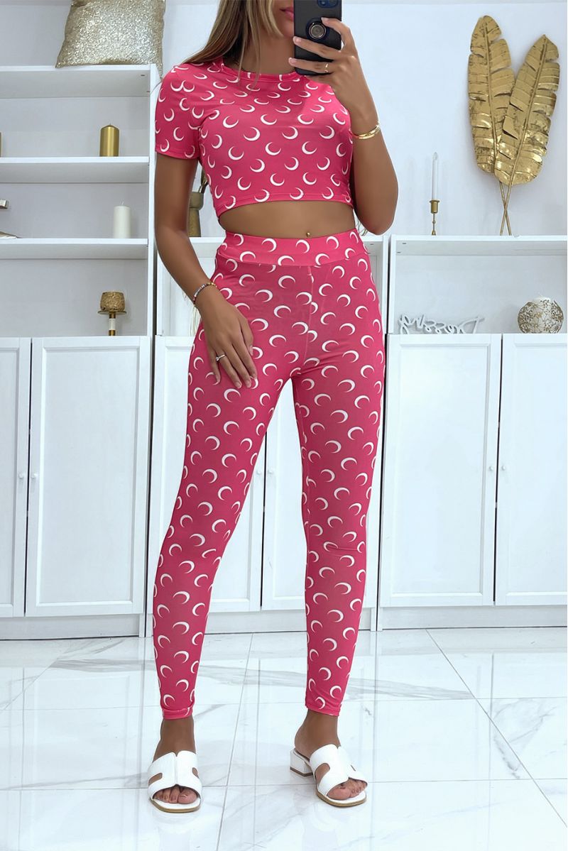 Luxury-inspired fuchsia crop top and leggings set with pretty crescent moon patterns - 2
