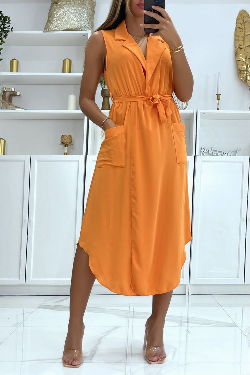 Orange wrap dress with belt and pockets - 1