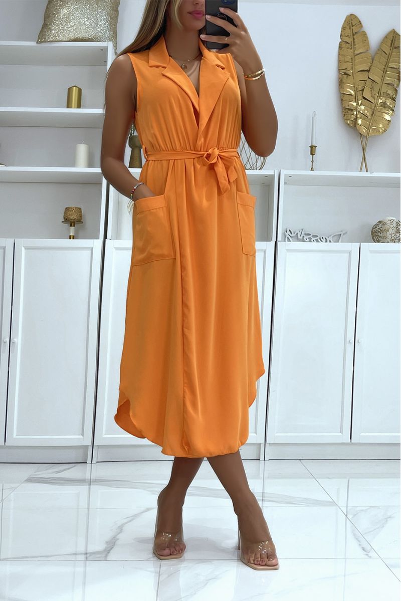 Orange wrap dress with belt and pockets - 2
