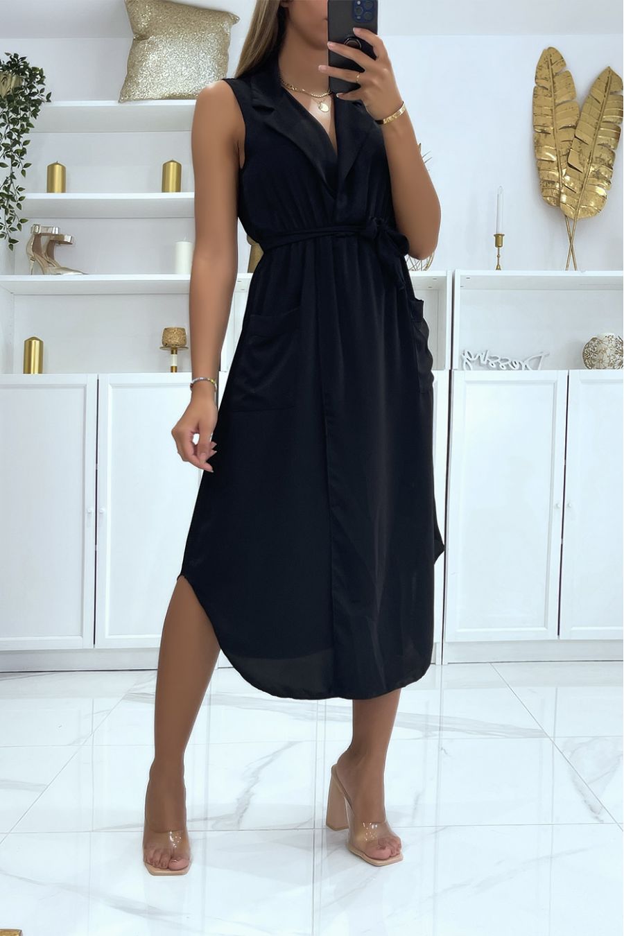 Black wrap dress with belt and pockets