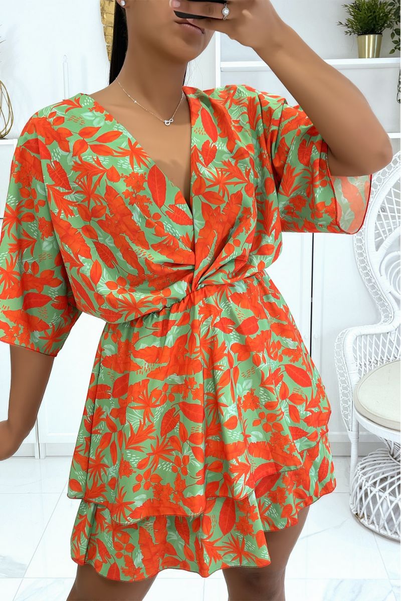 Two-tone green and orange skater dress with wrap effect ruffles - 1
