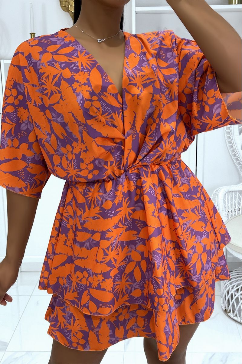 Two-tone orange and lilac skater dress with wrap effect ruffles - 1