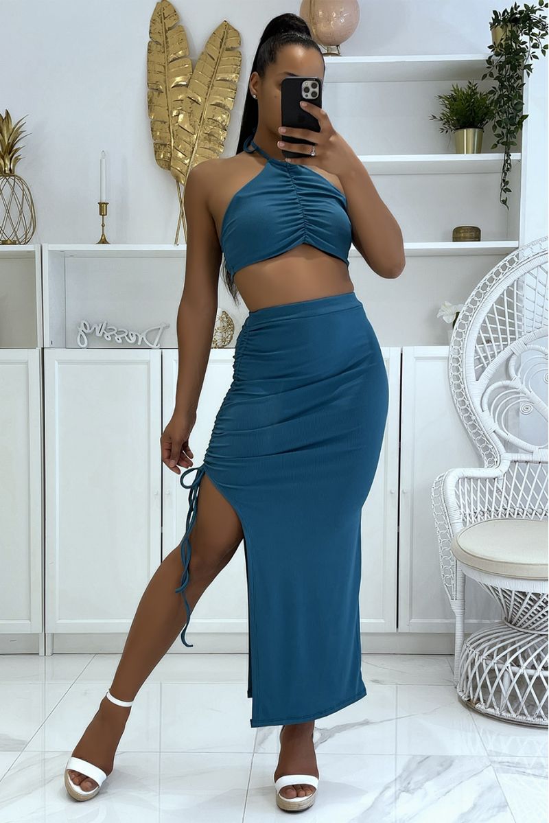 Ensemble moulant vert canard jupe fendue et crop top bustier qui se noue au cou - 1 Ensemble moulant vert canard jupe fendue et crop top bustier qui se noue au cou - 1