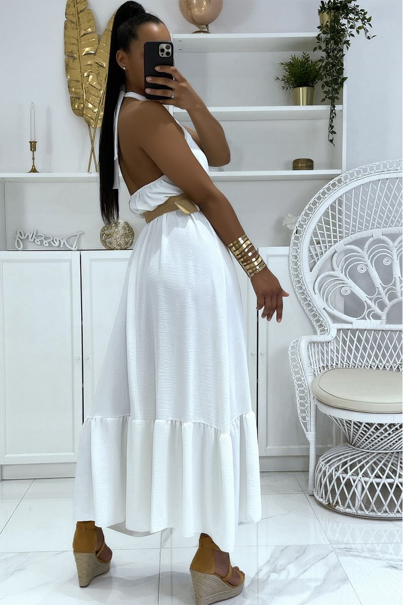 Lange witte jurk met ronde hals en riem in boho-chique stijl met stroeffect - 4