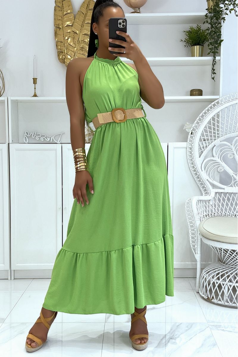 Anise green long dress with round neck and bohemian chic style straw effect belt - 1