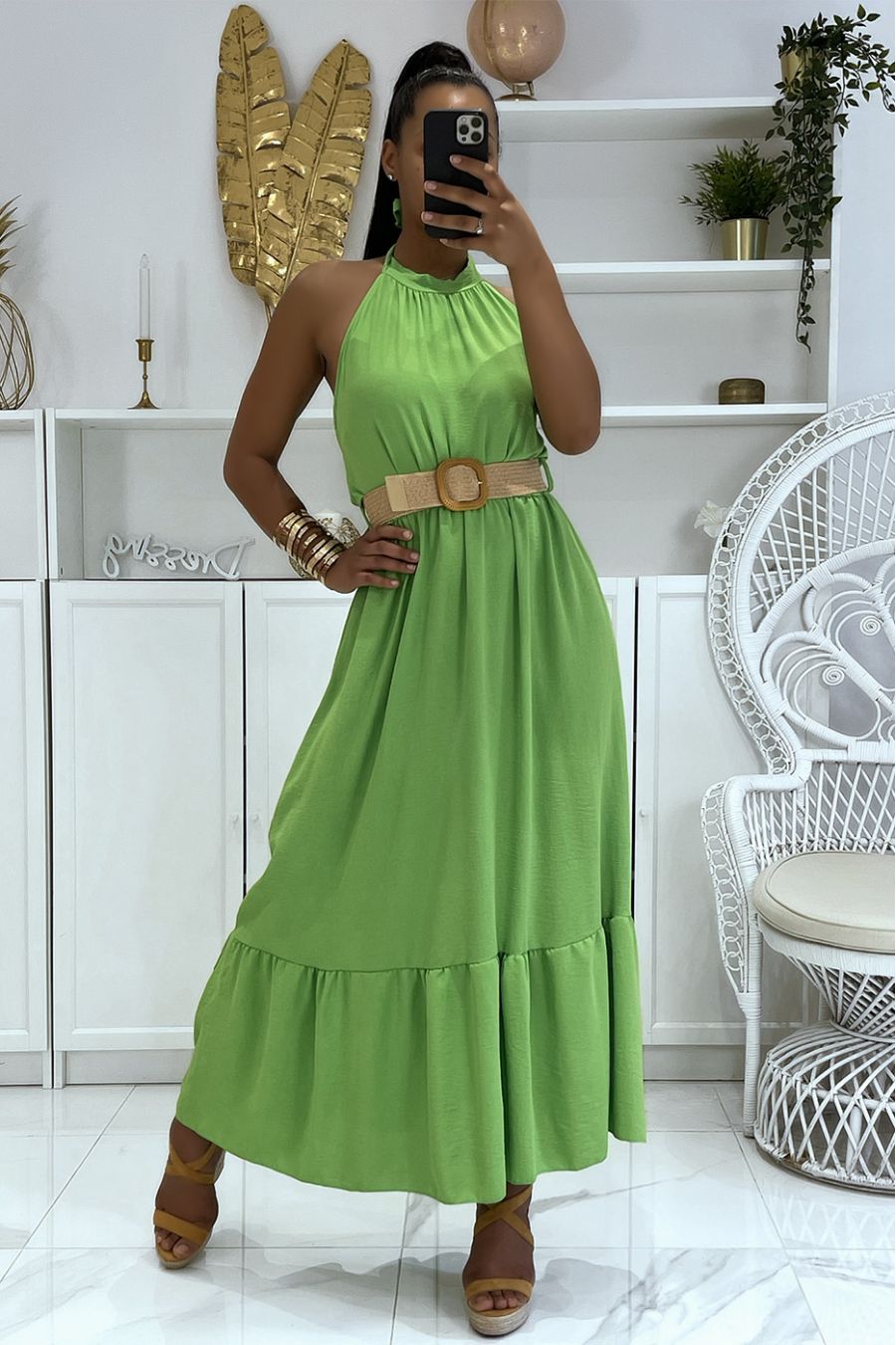 Anise green long dress with round neck and bohemian chic style straw effect belt - 2