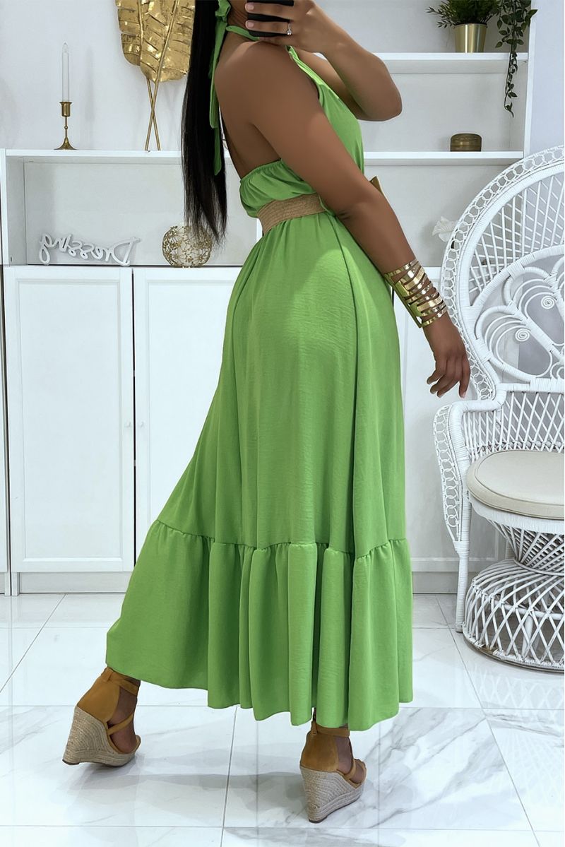 Anise green long dress with round neck and bohemian chic style straw effect belt - 3
