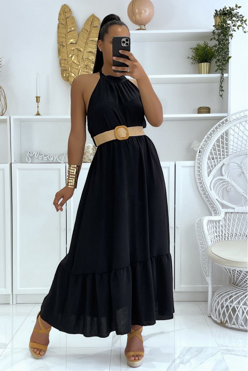 Long black dress with round neck and boho chic style straw effect belt - 1