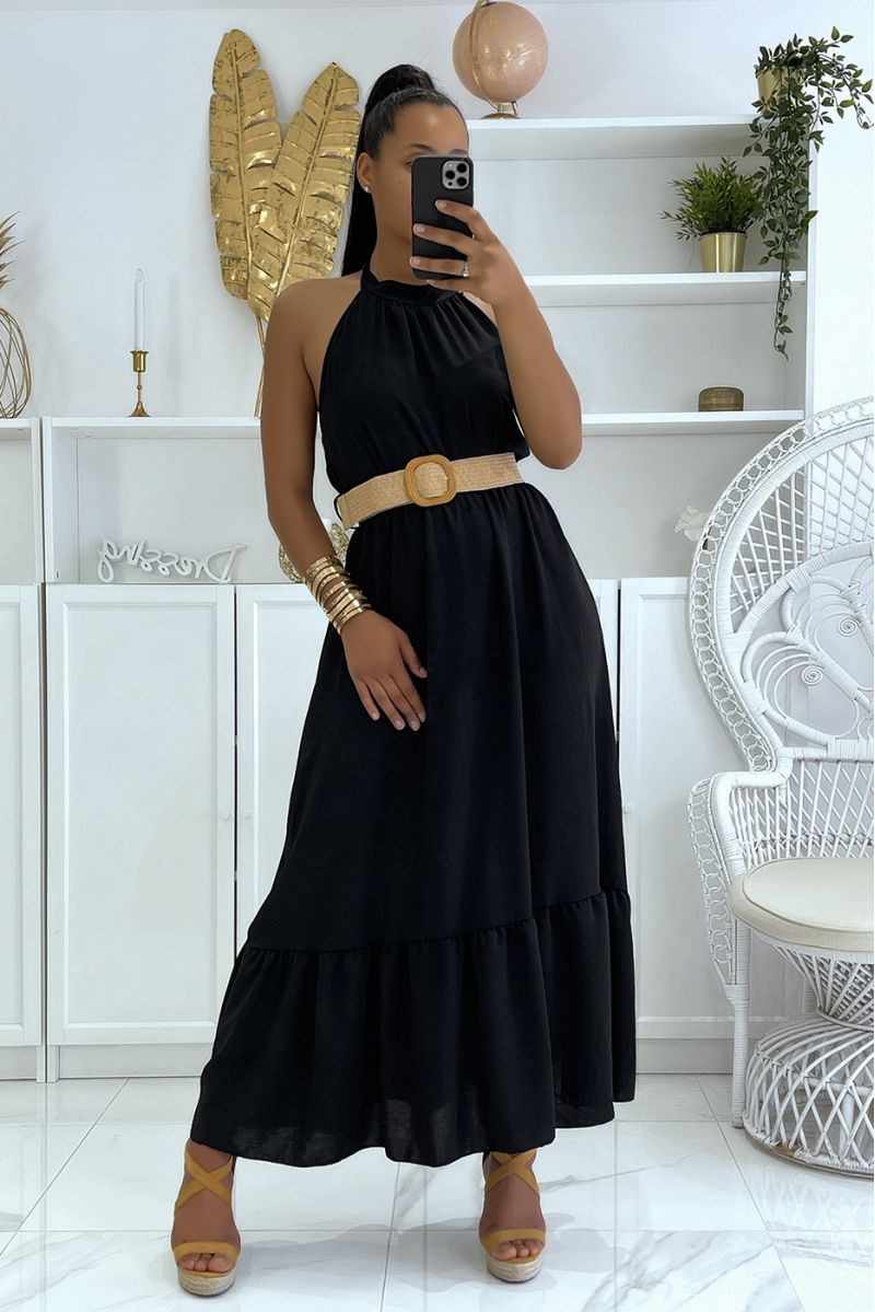 Long black dress with round neck and boho chic style straw effect belt - 2
