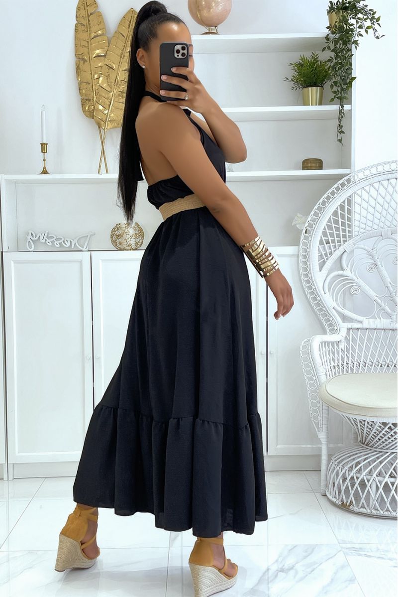 Lange zwarte jurk met ronde hals en riem in boho-chique stijl met stroeffect - 3