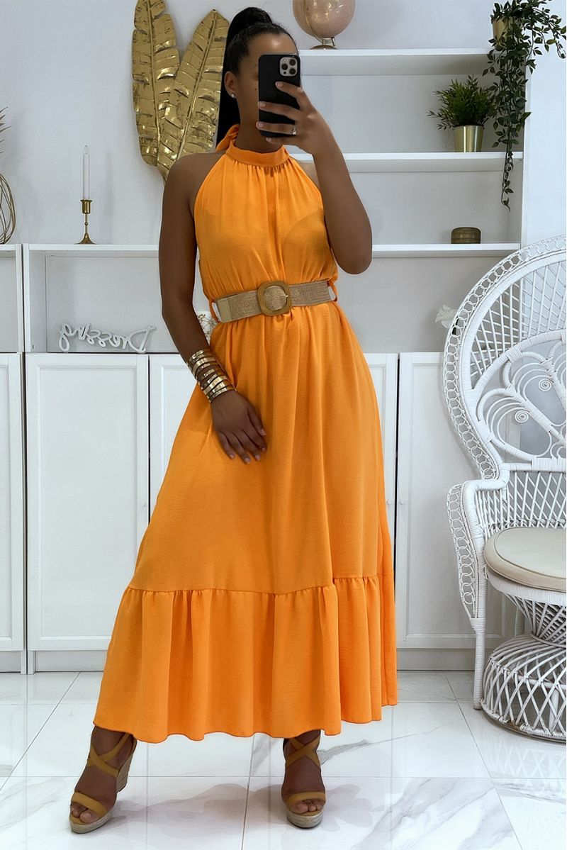 Long orange dress with round neck and boho chic style straw effect belt - 1