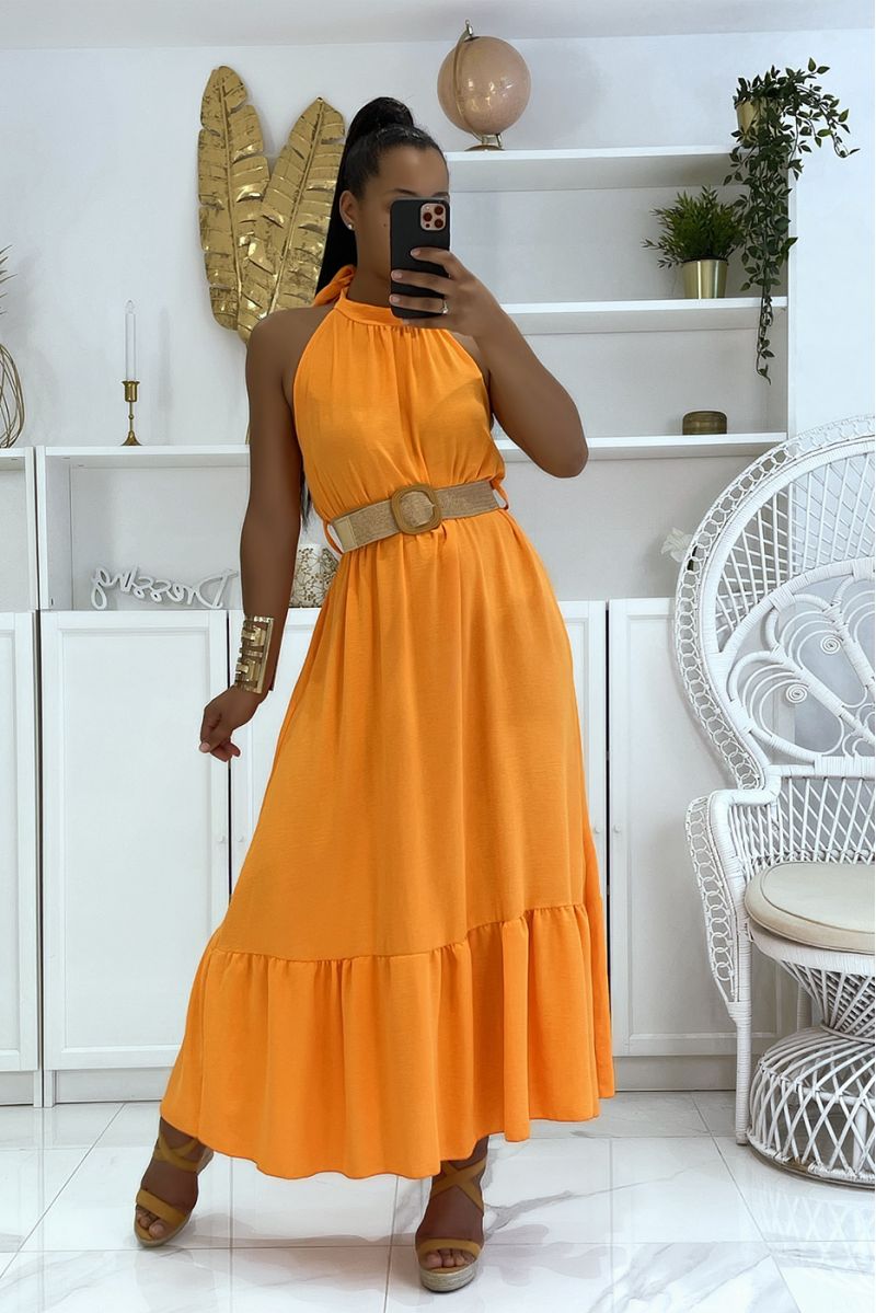 Long orange dress with round neck and boho chic style straw effect belt - 2