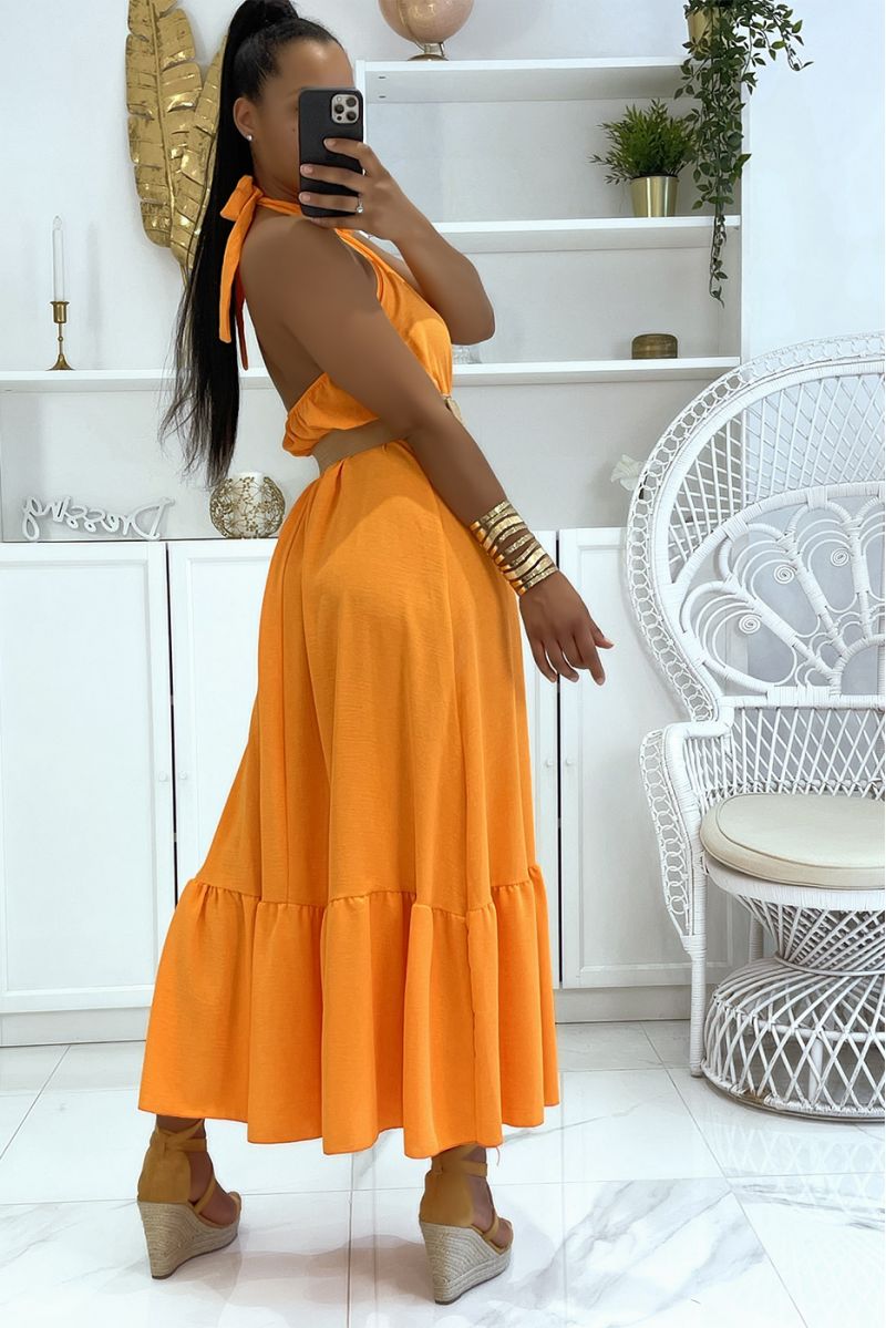 Long orange dress with round neck and boho chic style straw effect belt - 3