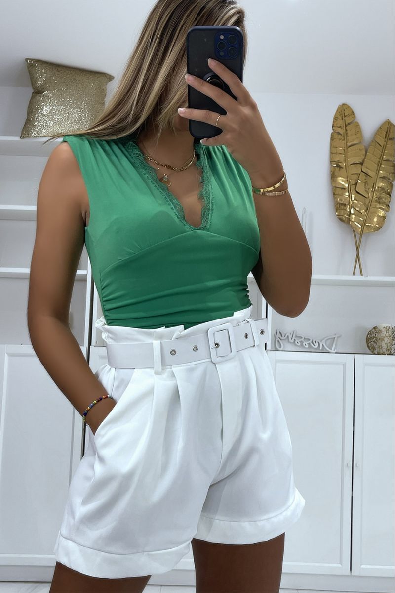 Green lace V-neck bodysuit with short sleeves with shoulder pads - 3