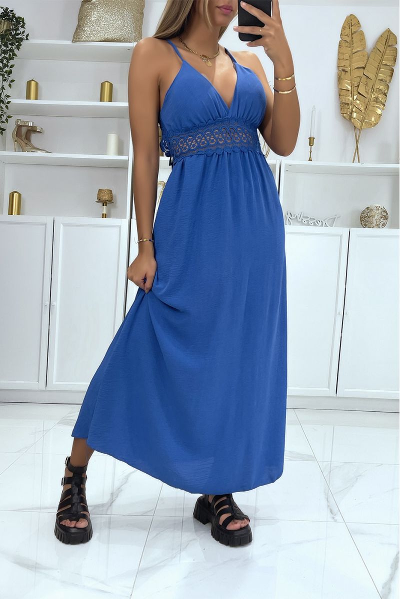 Long royal V-neck dress with straps and pretty lace under the bust - 1
