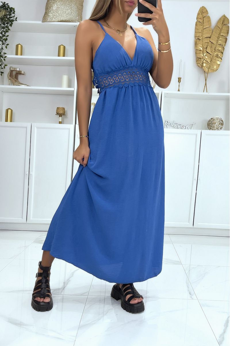 Long royal V-neck dress with straps and pretty lace under the bust - 2