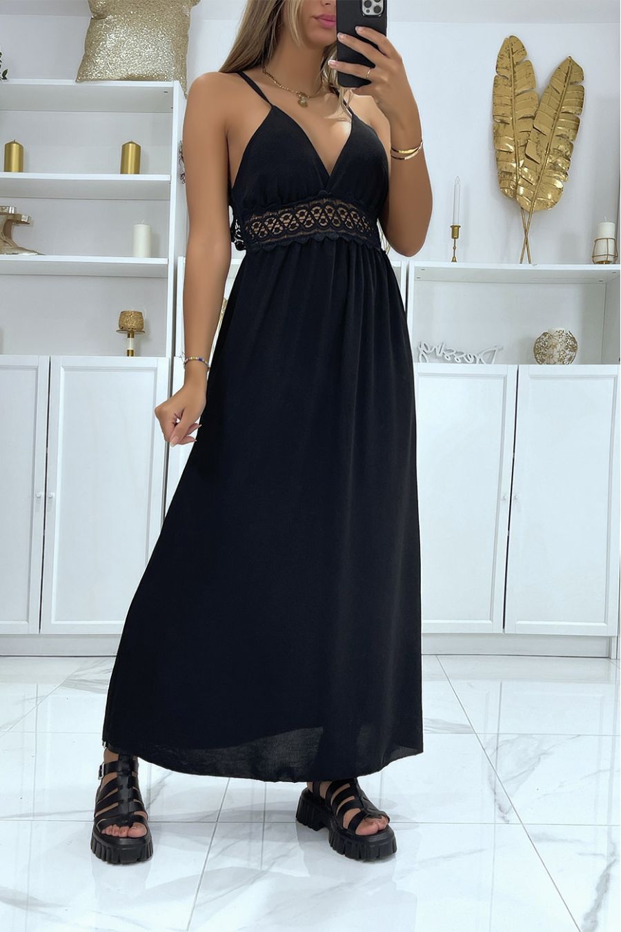 Long black V-neck dress with straps and pretty lace under the bust - 1