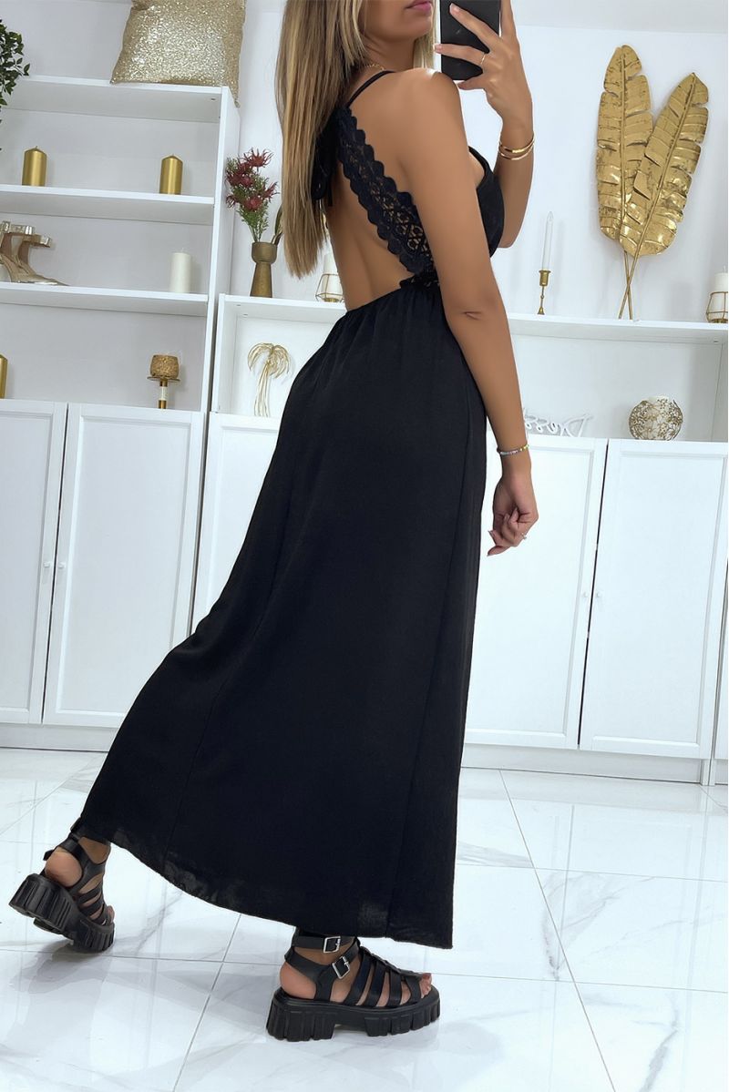 Lange zwarte jurk met V-hals, bandjes en mooi kant onder de buste - 3