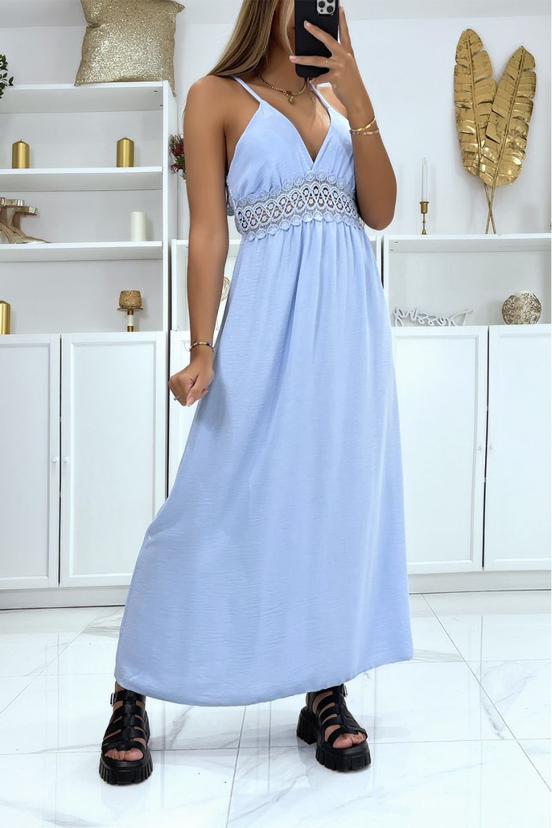 Long turquoise V-neck dress with straps and pretty lace under the bust - 2