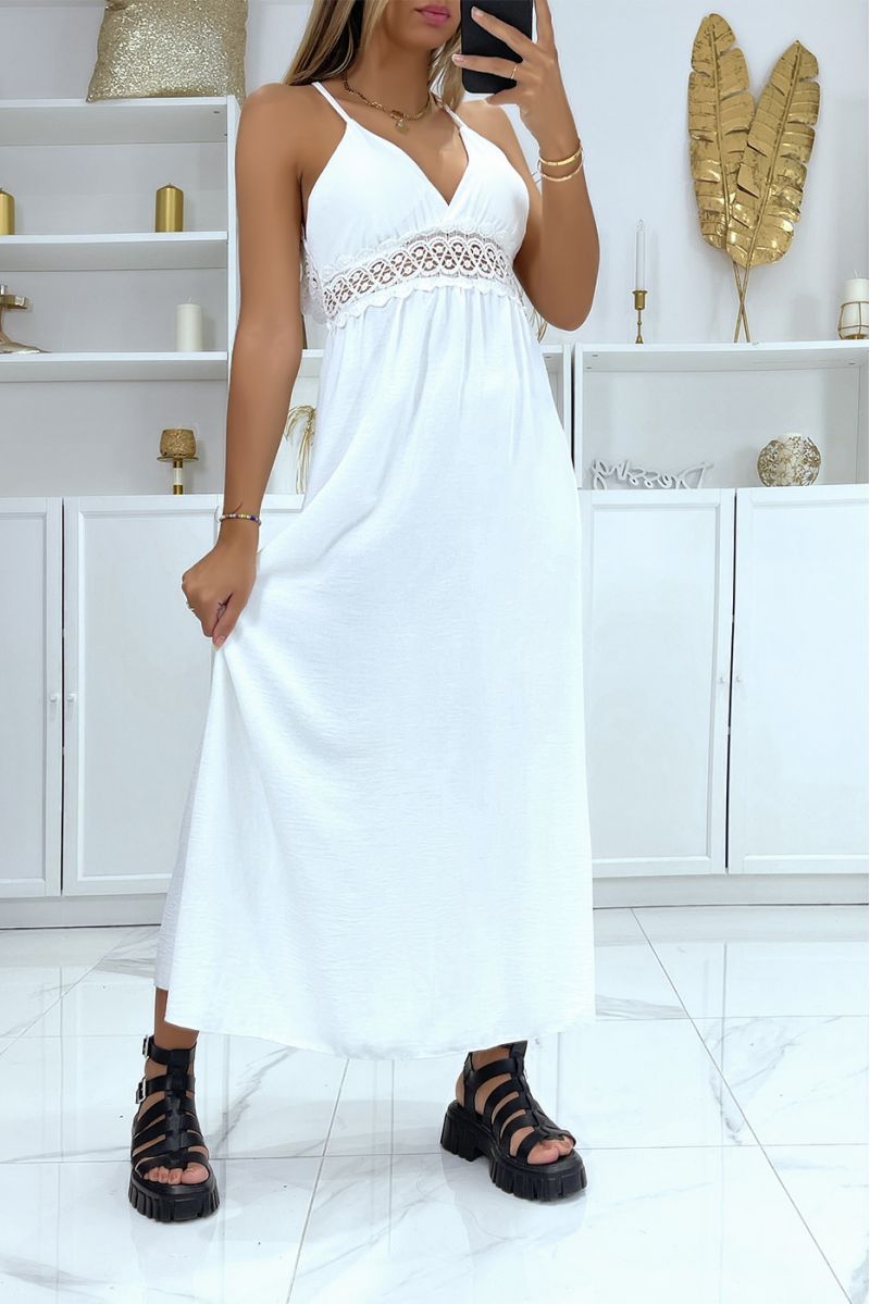 Lange witte jurk met V-hals, bandjes en mooi kant onder de buste - 1