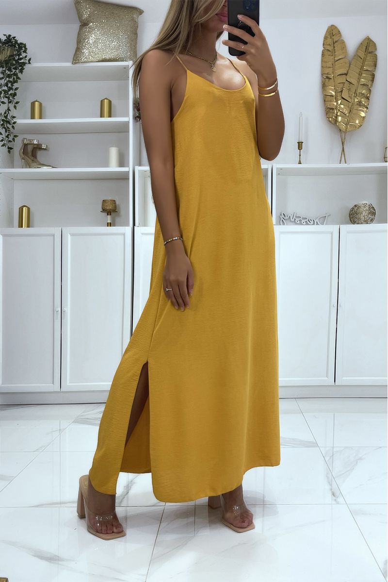 Simple mustard dress, long and split on the side with thin straps and slightly low-cut - 2
