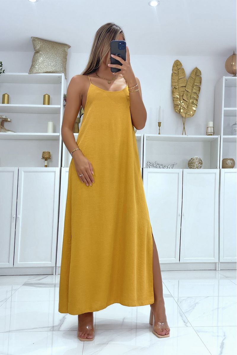 Simple mustard dress, long and split on the side with thin straps and slightly low-cut - 3