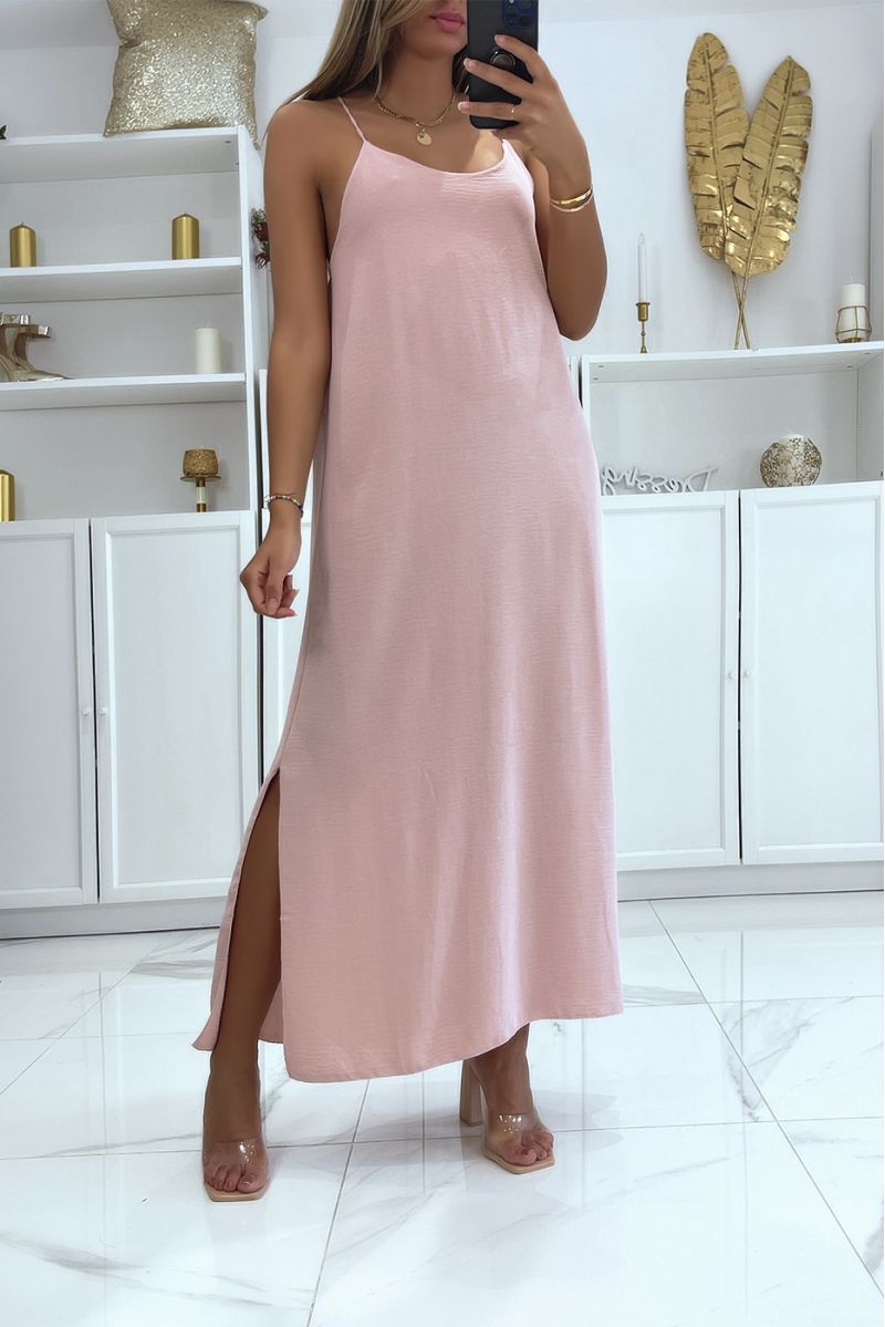 Simple pink dress, long and split on the side with thin straps and slightly low-cut - 1