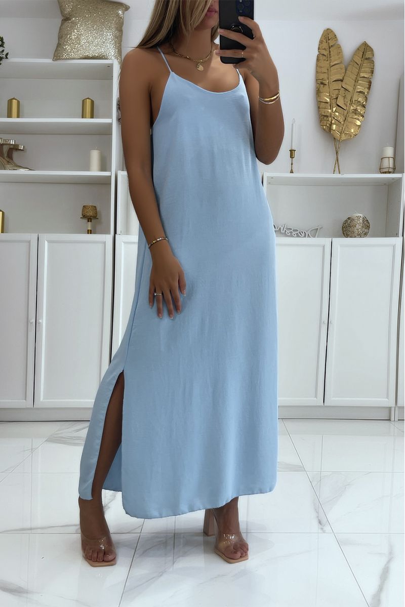 Simple long turquoise dress slit on the side with thin straps and slightly low neckline - 1