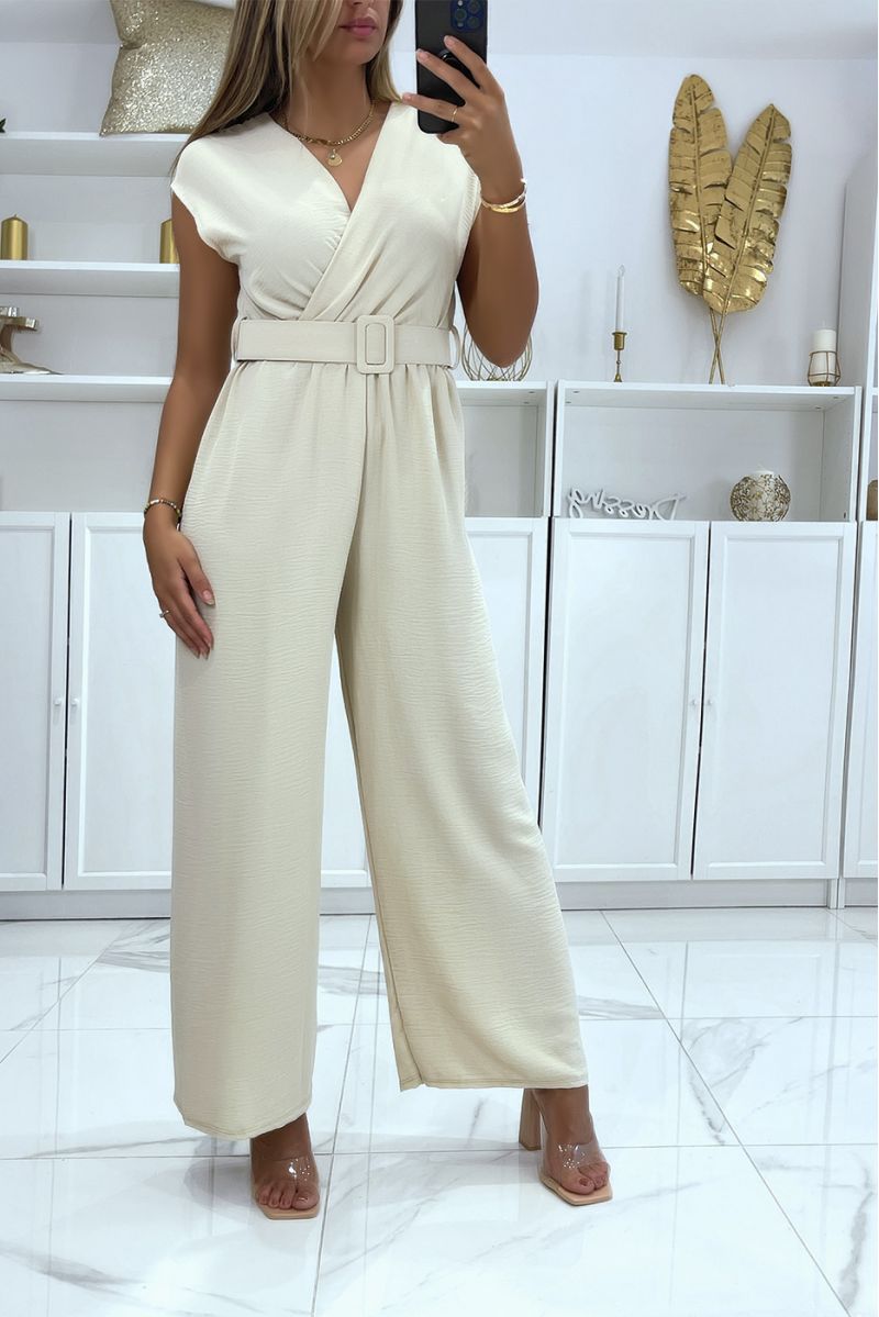 CoCCinaison with beige belt, bell bottom pants and wrap effect top - 2