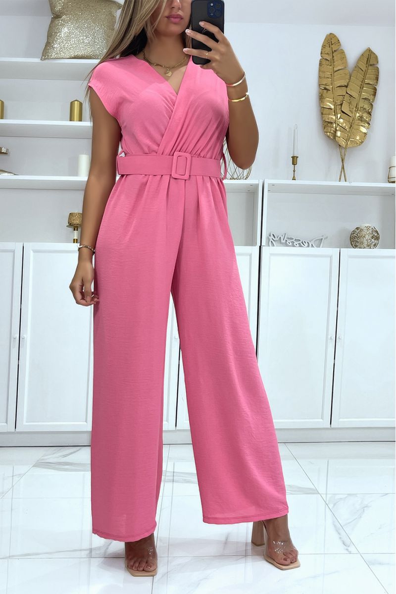 Candy pink belted jumpsuit with flared pants and wrap effect top - 2