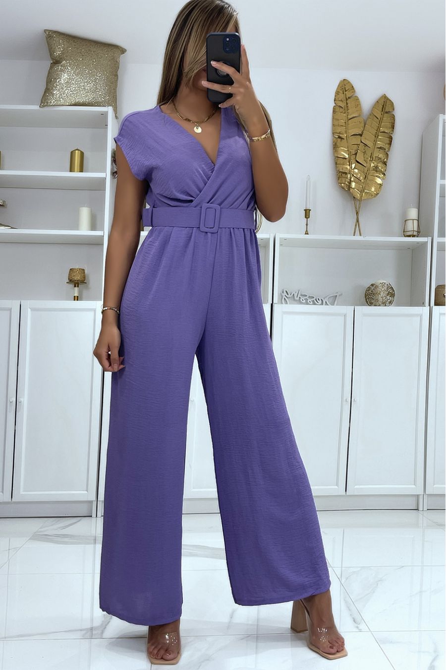 Lila jumpsuit met riem, bell bottoms en top met wikkeleffect - 3