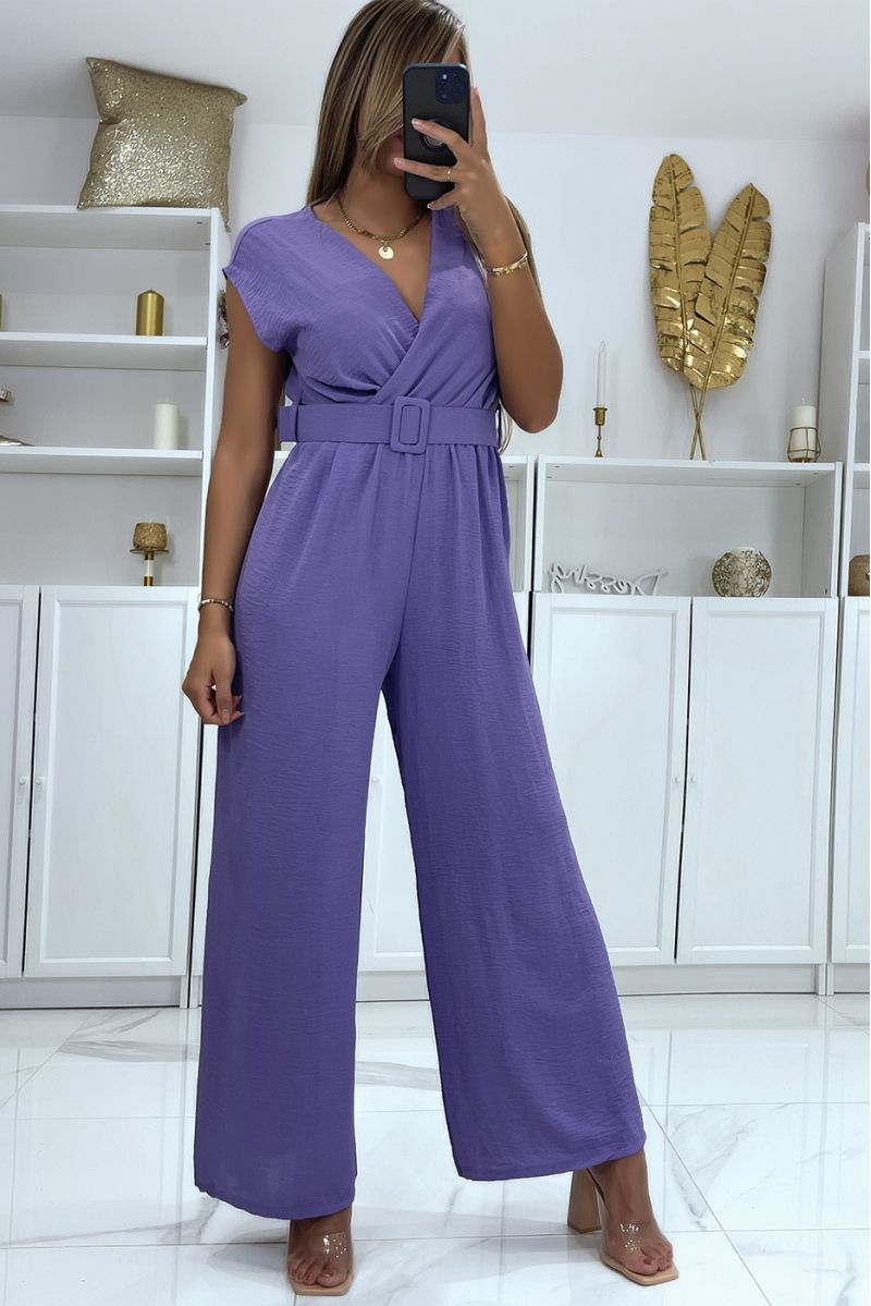 Lilac belted jumpsuit with bell bottoms and wrap effect top - 3