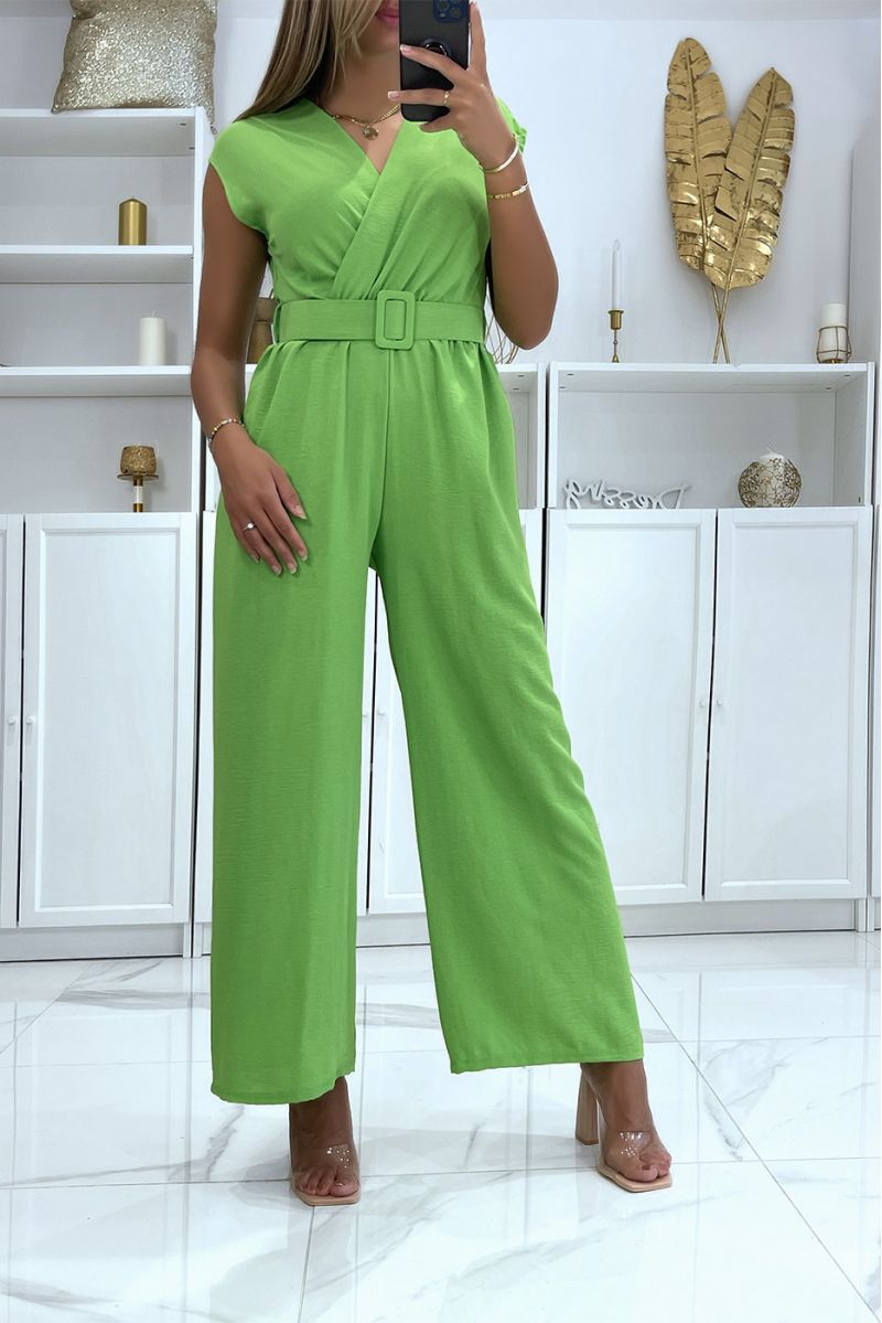 Neon green belted jumpsuit with flared pants and wrap effect top - 1