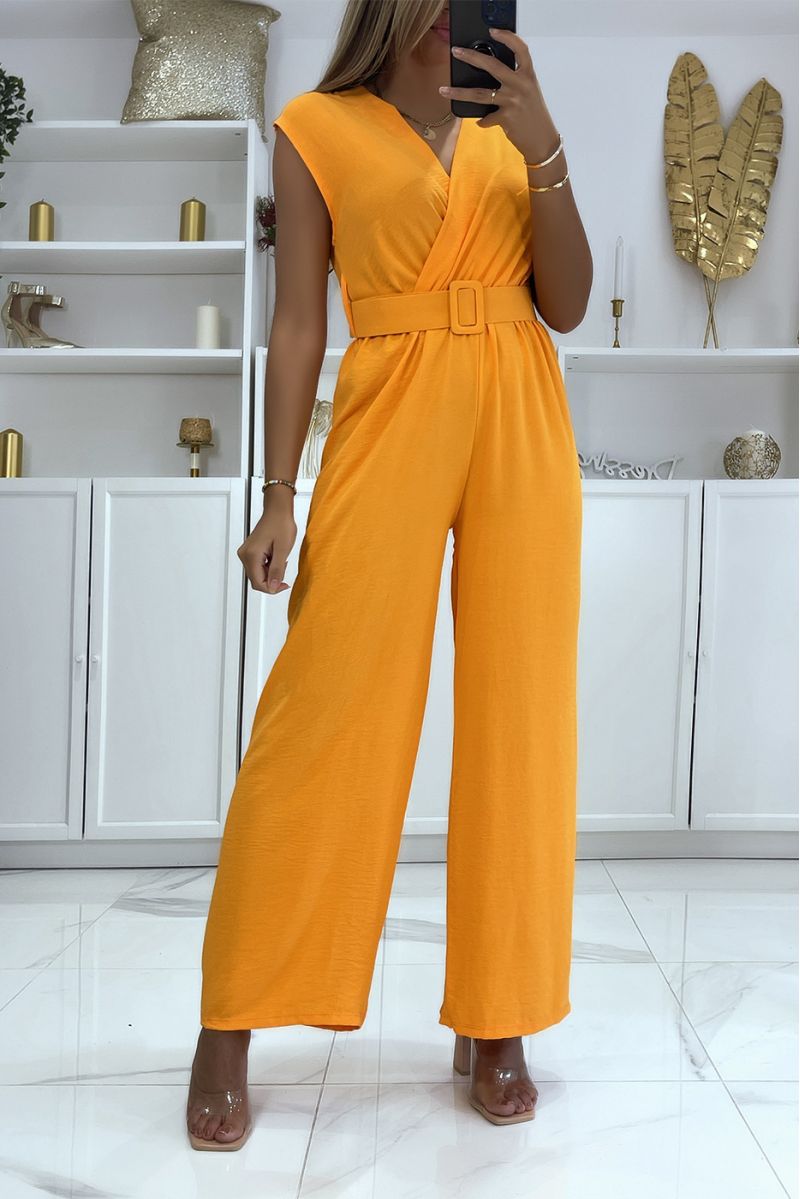 Orange belted jumpsuit with flared pants and wrap effect top - 1