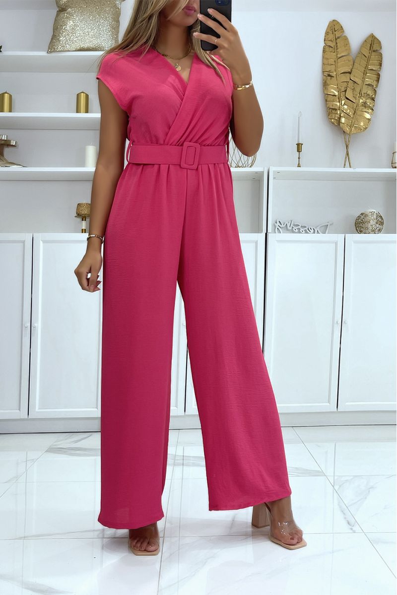 Fuchsia belted jumpsuit with flared pants and wrap effect top - 2