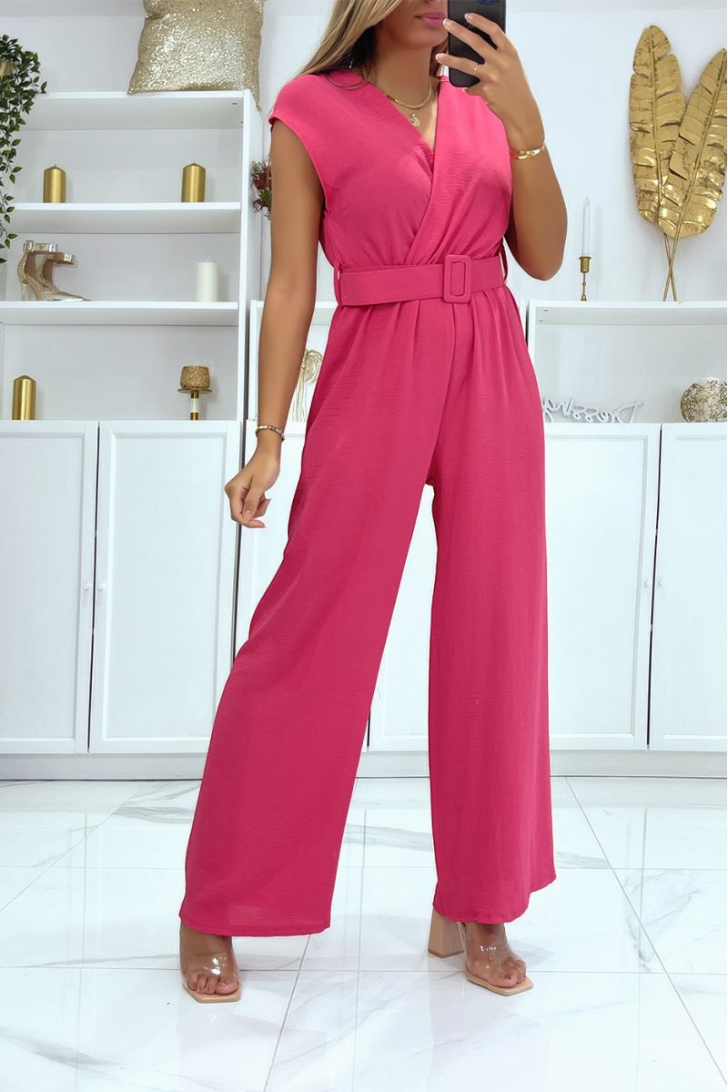 Fuchsia belted jumpsuit with flared pants and wrap effect top - 3