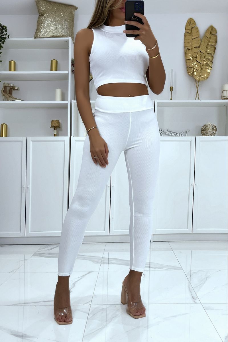 White Ribbed Push Up High Neck Crop Top And Legging Set - 1