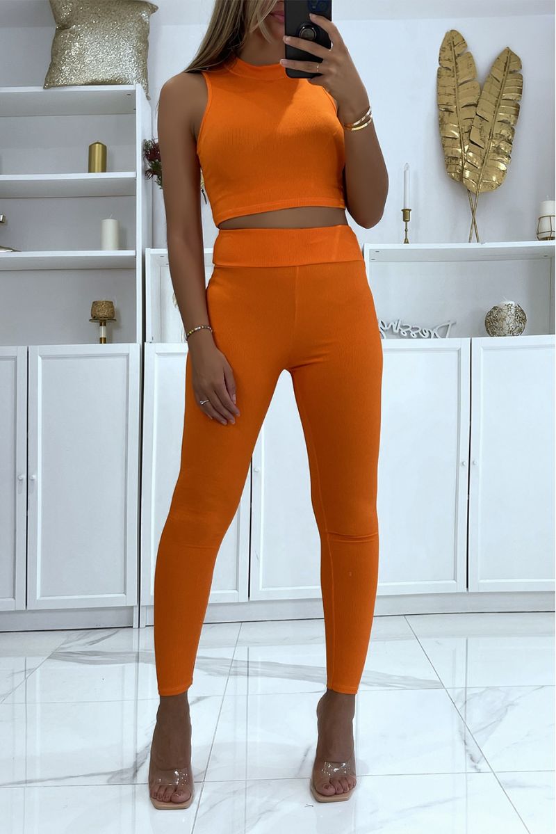 Oranje geribbelde push-up set met hoge hals en crop top en legging - 2