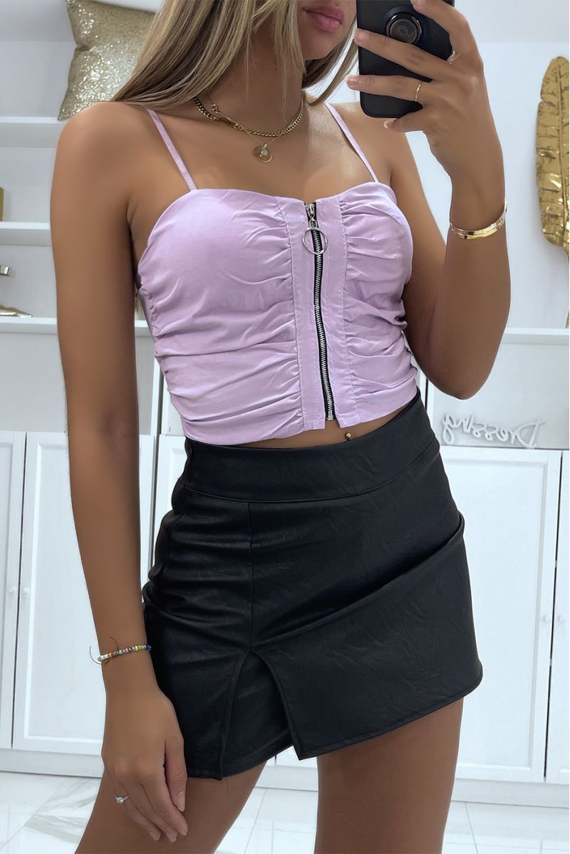 Lilac bustier crop top with rock style zipper and small silver ring - 3