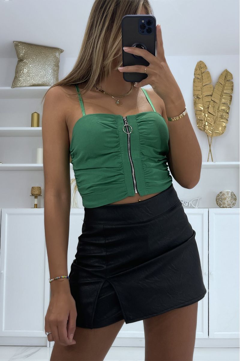 Green bustier crop top with rock style zipper and small silver ring - 2