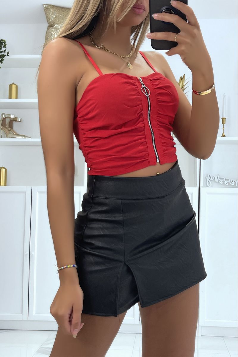 Red bustier crop top with rock style zipper and small silver ring - 1