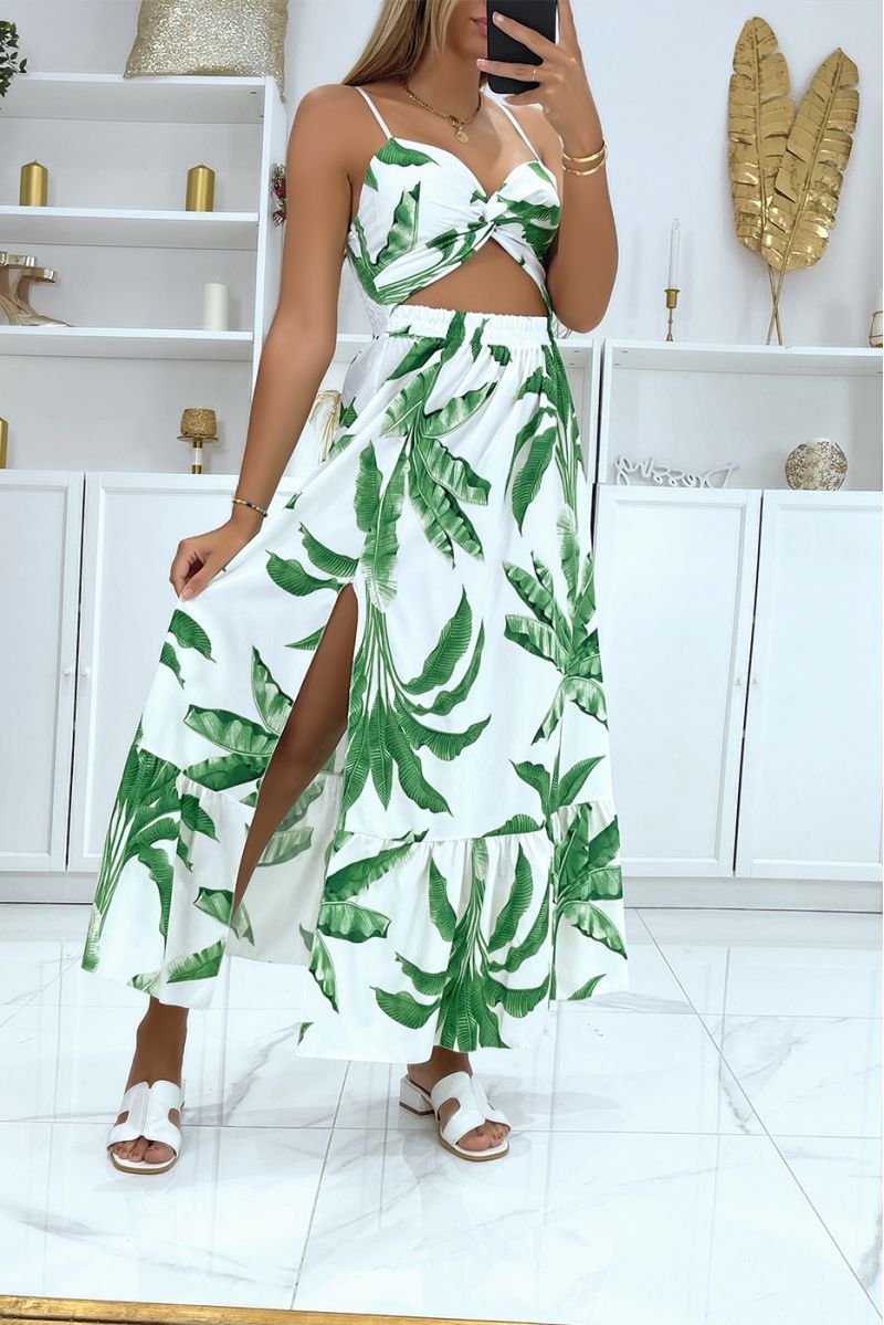 Long white dress with foliage pattern split on the sides and crossed at the chest - 1