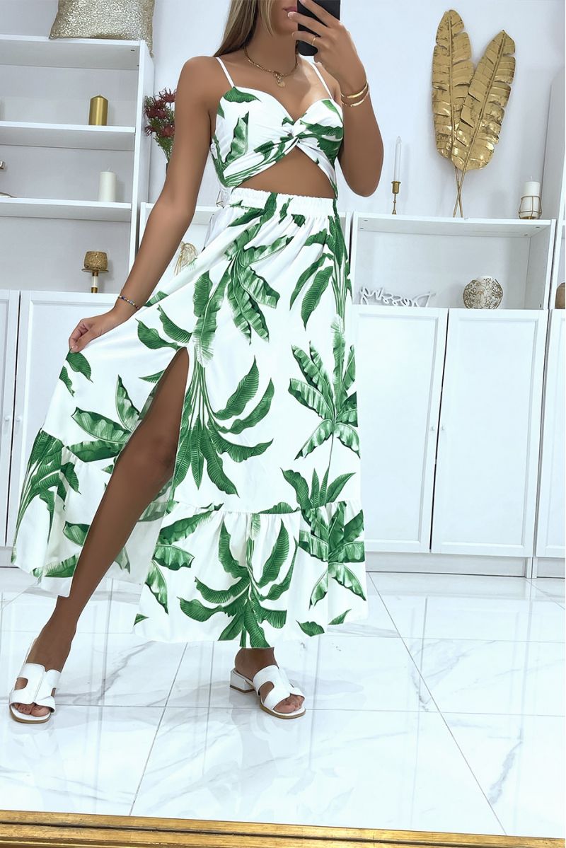Long white dress with foliage pattern split on the sides and crossed at the chest - 2