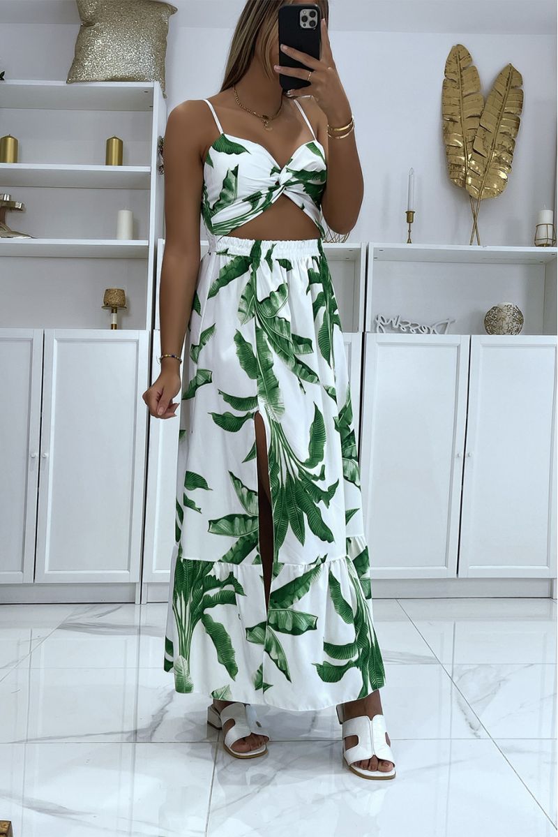 Long white dress with foliage pattern split on the sides and crossed at the chest - 3