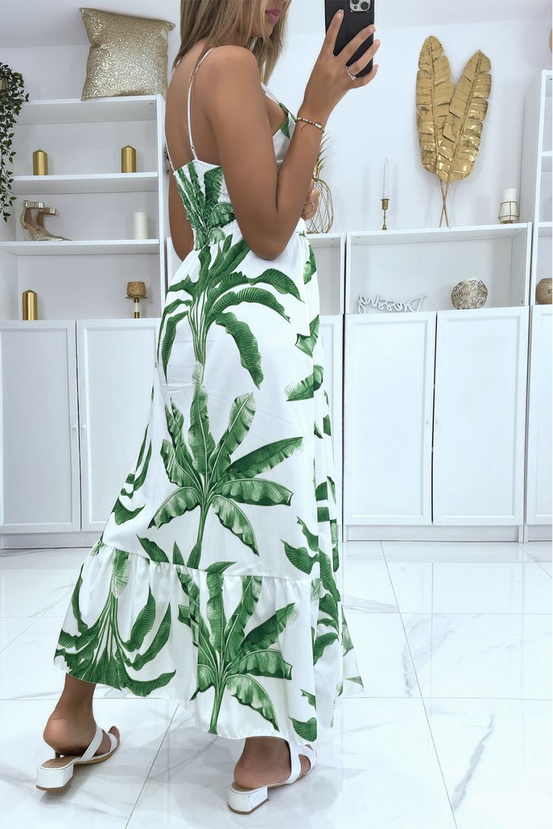 Long white dress with foliage pattern split on the sides and crossed at the chest - 4