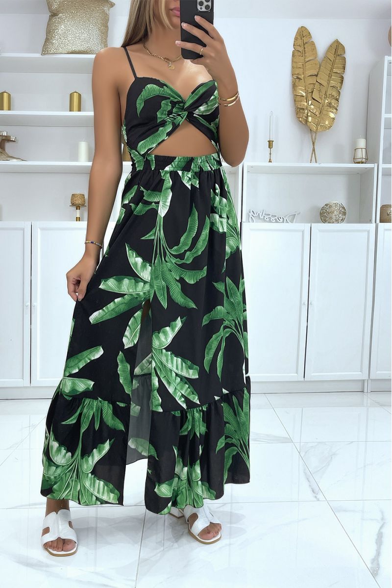 Long black dress with foliage pattern split on the sides and crossed at the chest - 1