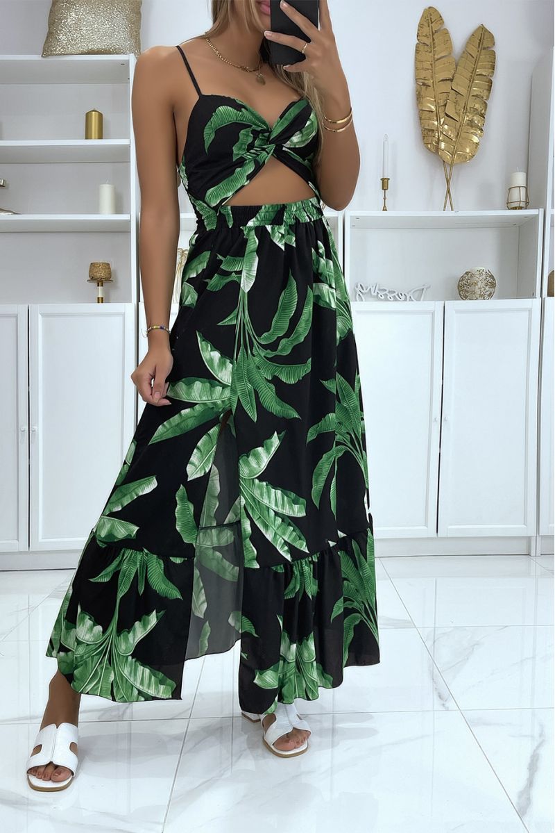 Long black dress with foliage pattern split on the sides and crossed at the chest - 3