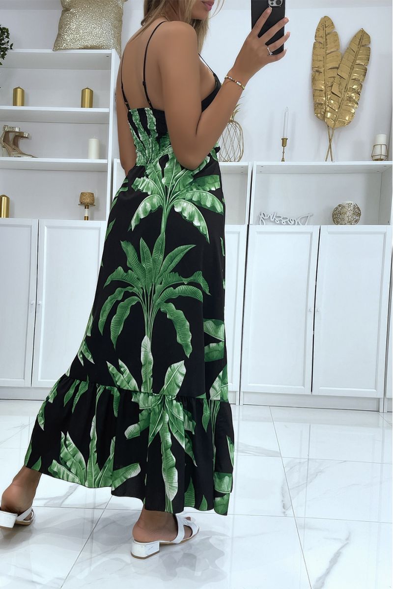 Long black dress with foliage pattern split on the sides and crossed at the chest - 4