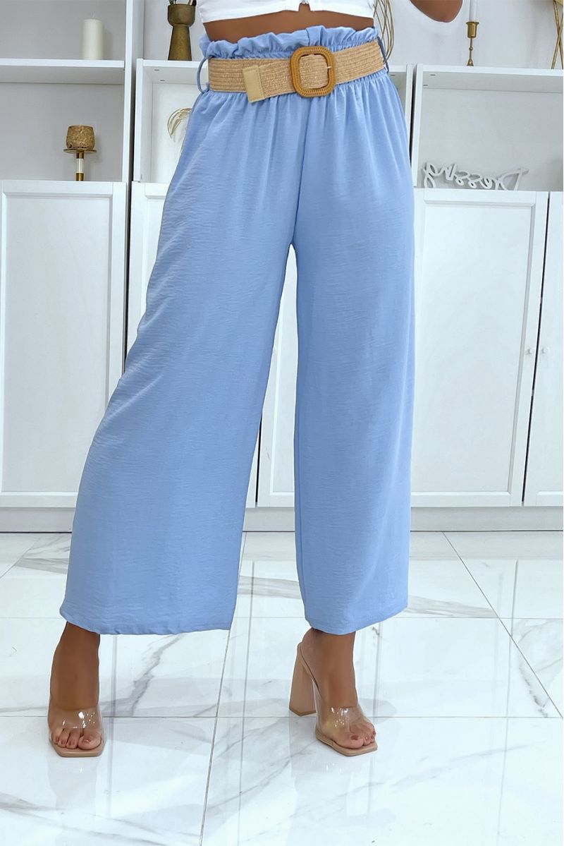 Turquoise bell bottom pants elastic at the waist with pretty bohemian-style straw-effect belt - 1
