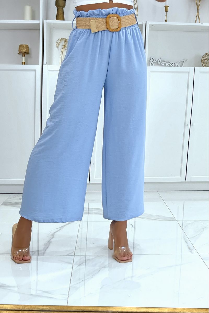 Turquoise bell bottom pants elastic at the waist with pretty bohemian-style straw-effect belt - 2